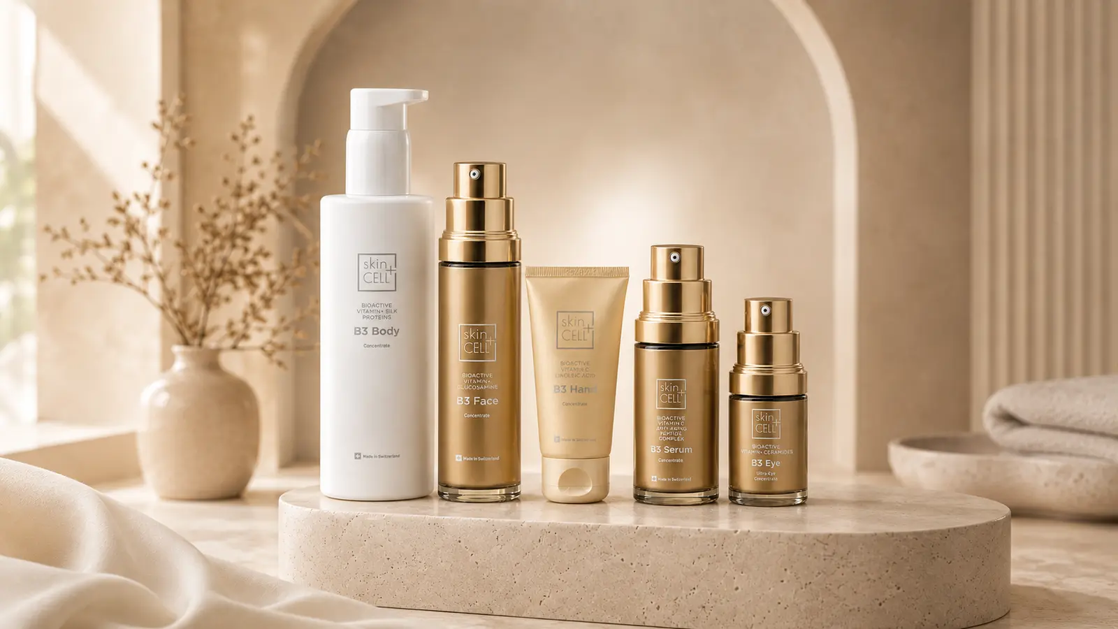 The complete five-product Skin+CELL B3 skincare range presented in a premium campaign still life
